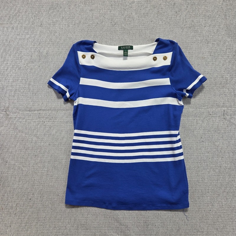 Lauren Ralph Lauren Blue White Striped Nautical Tee Gold Button Size Large