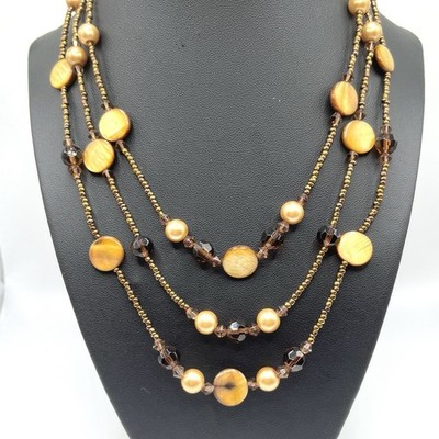 Golden Yellow Brown Mother of Pearl Seed Bead 3 Multi Strand Necklace 18''
