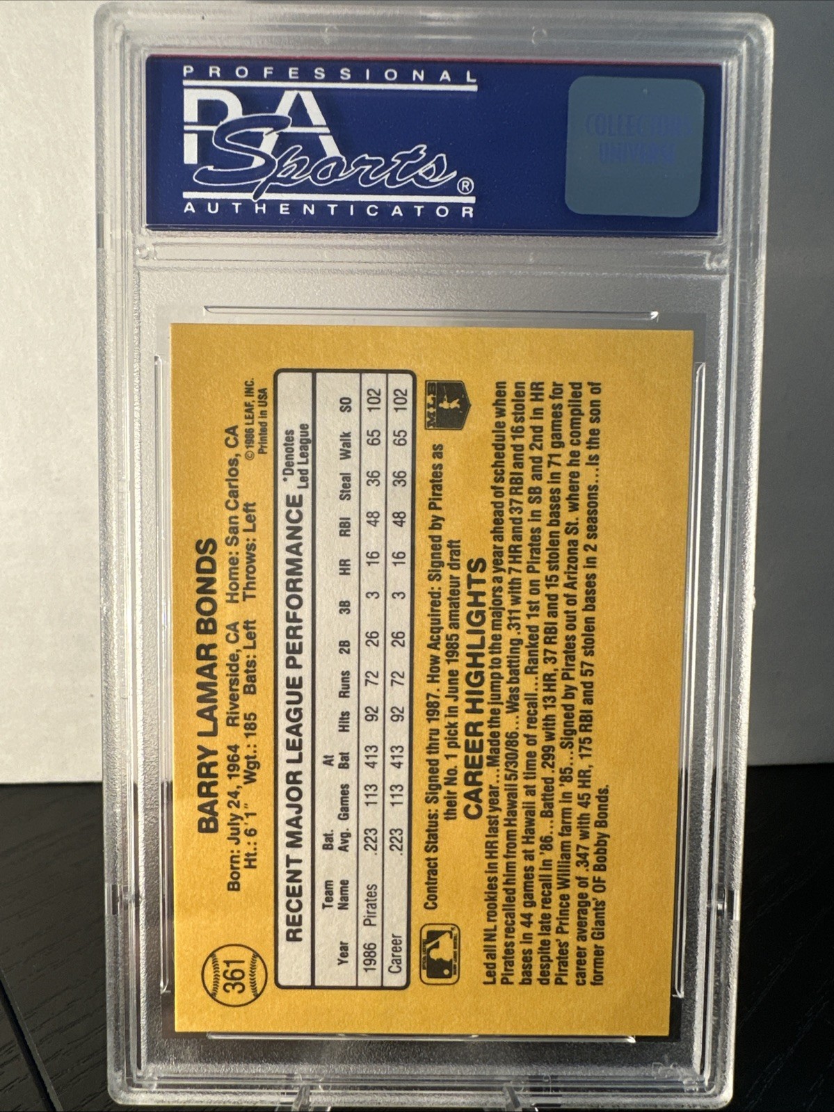 Barry Bonds Rookie Card 1987 Donruss #361 PSA 9 view 2