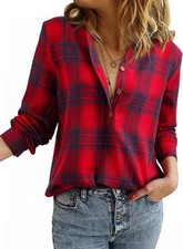 Womens Plaid Check Shirt V Neck Henley Blouse Long Sleeve Casual Top UK