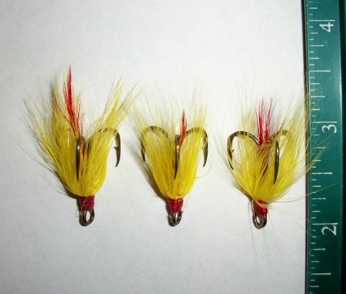 3 Dressed Treble Hooks with LIGHT YELLOW HAIR and Red Feather * Hook size #4 * - Picture 2 of 2