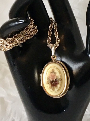 Collana vintage vittoriana classica resina rose giardino medaglione corda oro - Foto 20 di 21