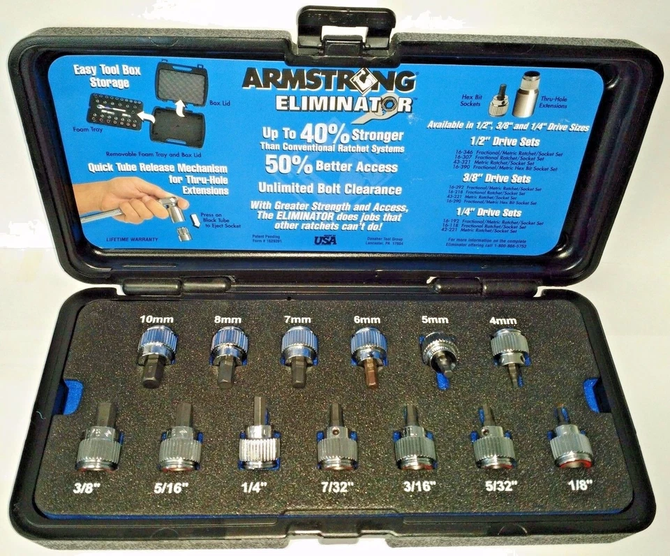 Armstrong 13pc 3/8" Dr Fractional / Metric Hex Bit Socket Set 16-290 5MH40 USA - Image 3 of 4