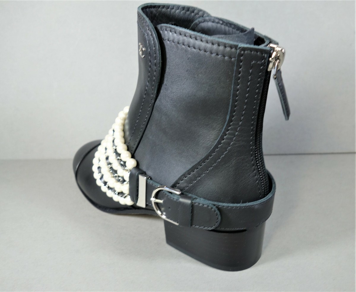 CHANEL 36 Black Leather Pearls Bootie Short Ankle Boots CHANEL 36 Black Leather Pearls Bootie Short Ankle Boots