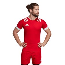 Image of adidas 3 Stripes Rugby Shirt Mens Fitted Top Teamwear Match Jersey 3S Red