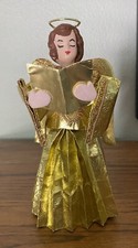 Vintage Angel Foil Dress Tree Topper Paper Mache Head Gold Christmas 6.75&rdquo;