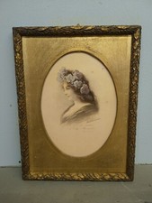 Dipinto ad acquerello, dama di profilo, stile Liberty, autore Giuseppe Aureli