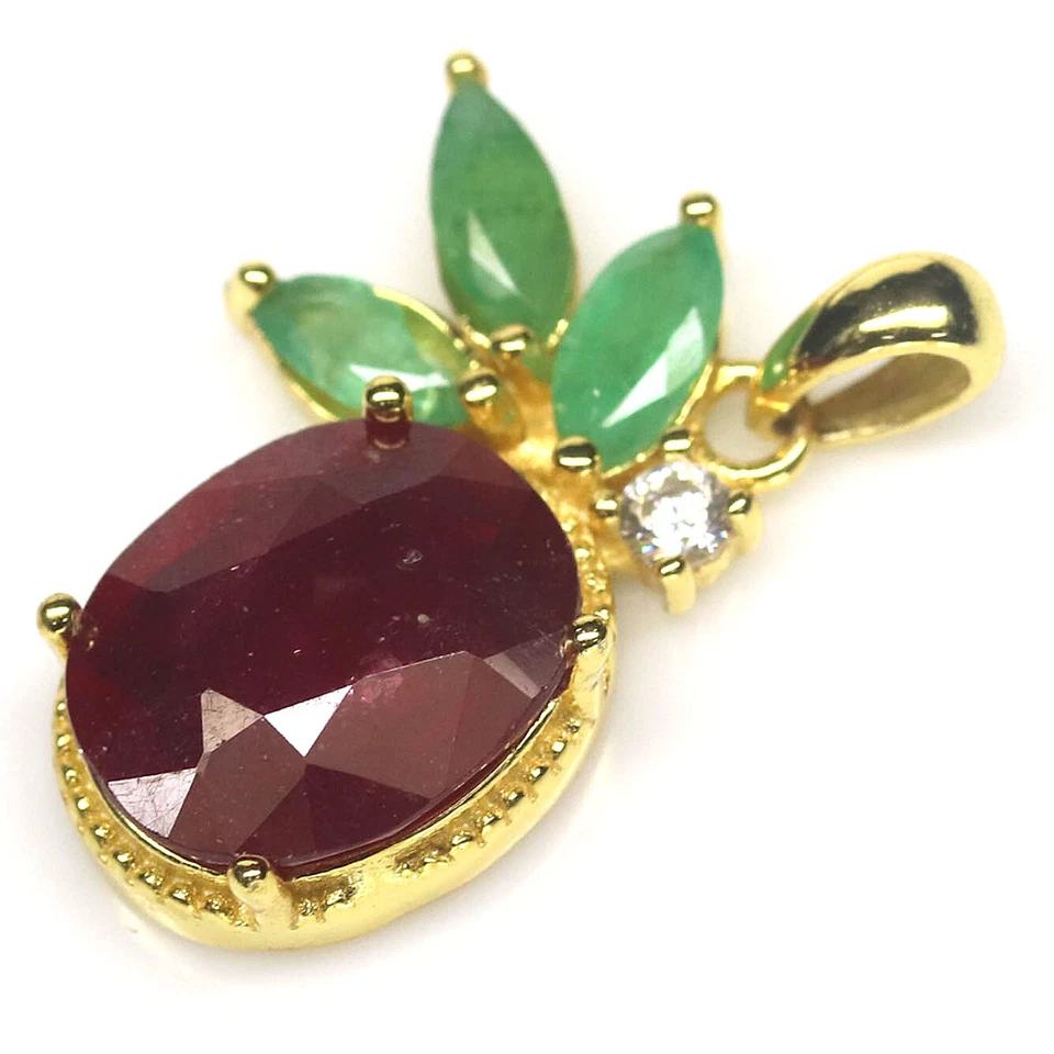 Heizbar 9 X 11 Mm. Roter Rubin, Smaragd & Zirkonia Anhänger 925 Sterlingsilber - Bild 2 von 4