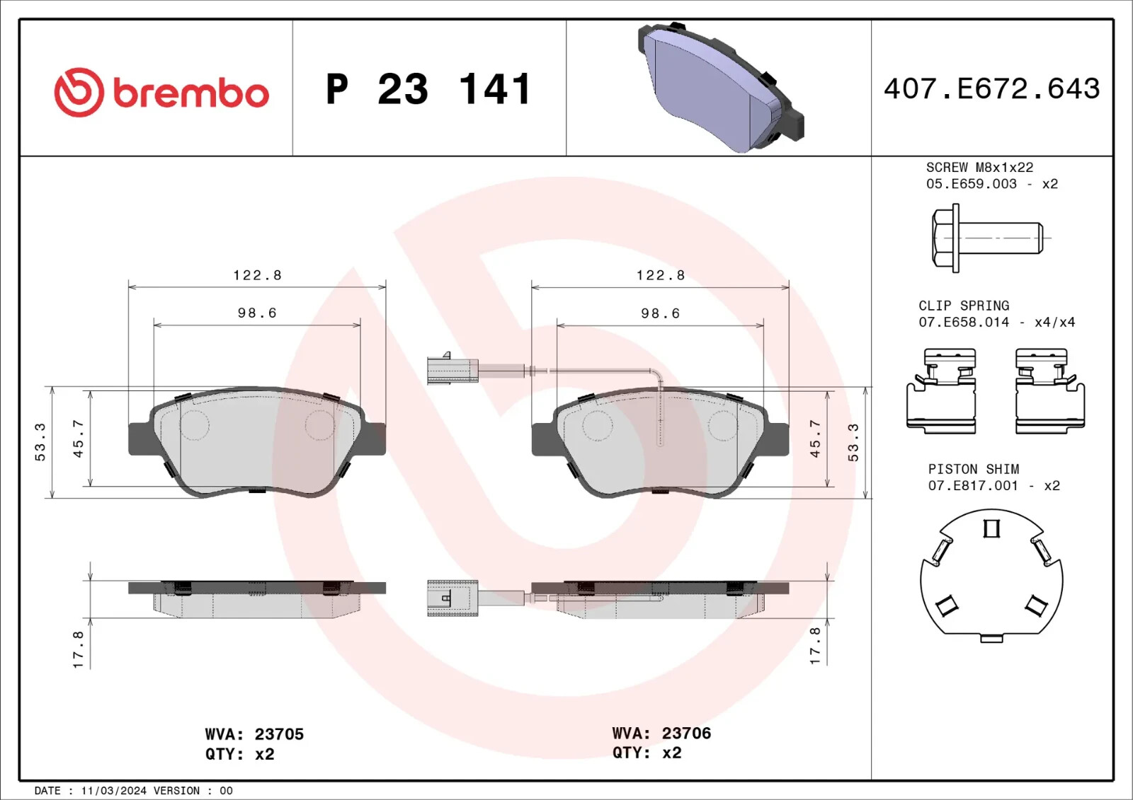 Plaquettes de freins Brembo P23141 de remplacement pour essieu avant