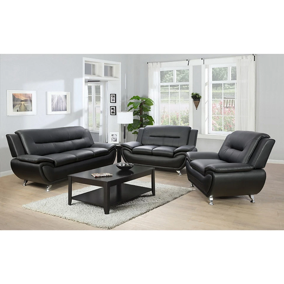 NEW Black 3PC Sofa Loveseat Chair Leather Gel Contemporary Modern Living Room - Image 4 of 4