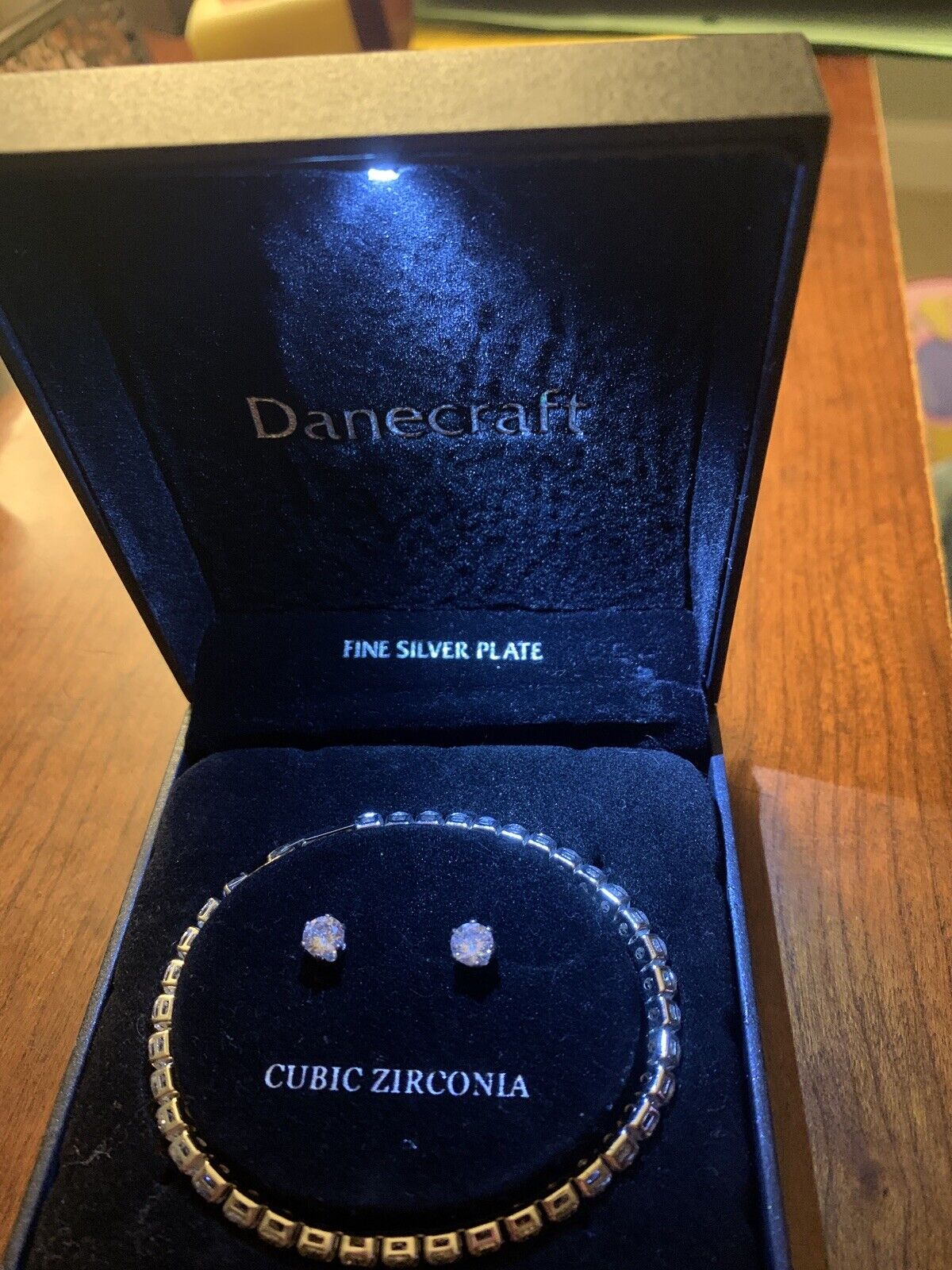 NIB DANECRAFT Silver Plate Cubic Zirconia Bracelet & Ball Earring Set
