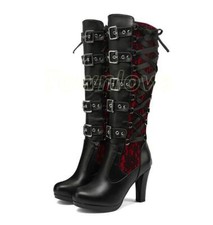 Victorian Women's Chunky Heel Knee High Boots Gothic Shoes Lace Up Steampunk OL