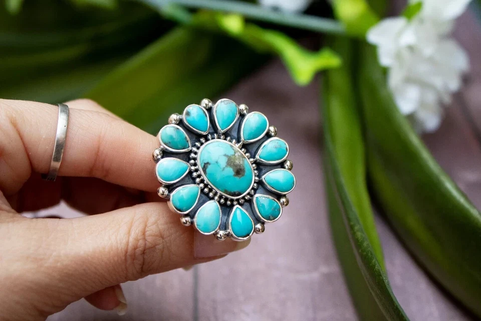 Turquoise Cluster 925 Sterling Silver Ring-Boho Natural Blue Stone,Gift for Him - Image 2 of 4