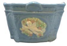 VINTAGE MIYATA WARE M JAPAN ANGEL CHERUBS FLORAL BLUE PLANTER MID CENTURY