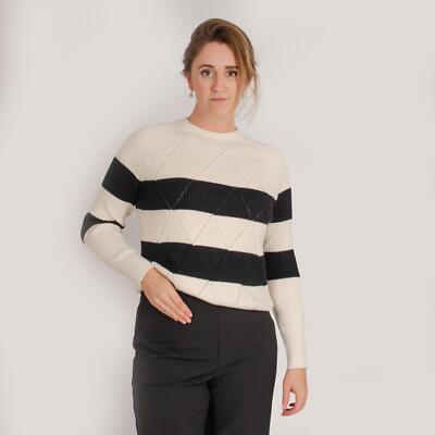 Supersoft Ribbed Jumper Ivory Black Stripe Crew Round Neck