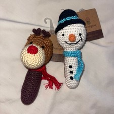 Cheengoo Organic Handmade Crocheted Rudolph Reindeer Snowman Rattle NWT Lot of 2