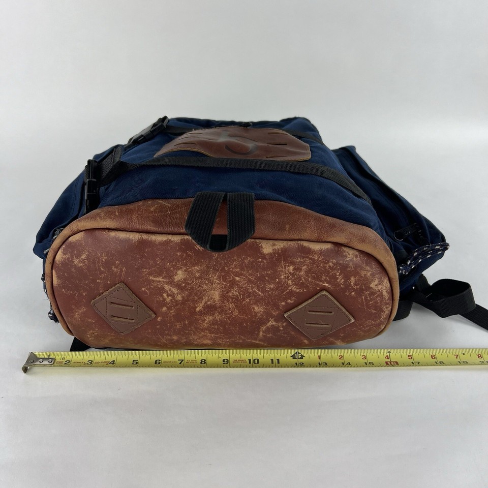 Jansport Super Sack Backpack Bag Navy Blue Leather Bottom Made In USA