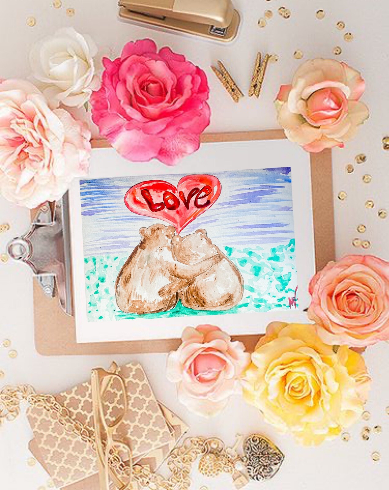 Bears Painting Couple Original Watercolor Art 6by9