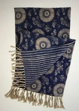 Pine Cone Hill Fringed Throw MARIANNA LINEN 50” x 70” Navy & Tan NEW