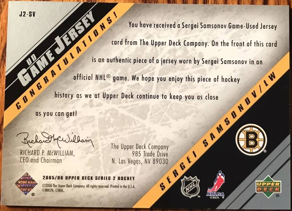 2005-06 Upper Deck UD Game Jersey Sergei Samsonov #J2-SV Boston Bruins - Image 2 of 2