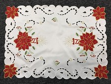 Christmas Holiday Red Poinsettia Embroidered Embroidery Cutwork Placemat Runner