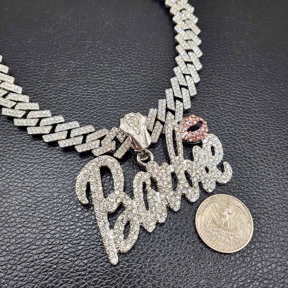 Mujeres Plateado Barbie Bling Dije Circonita Cúbica Helada Collar Cadena Cubana Foto 2 de 4
