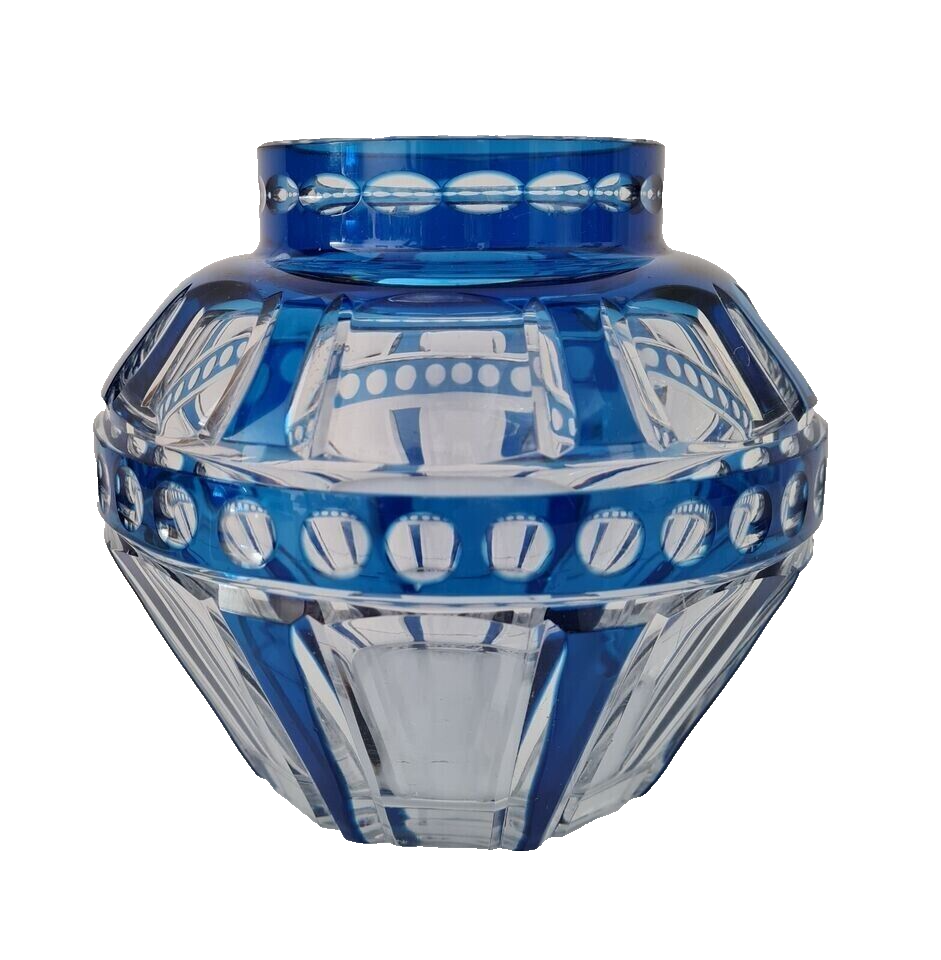 ANTIQUE ART DECO VAL ST LAMBERT CUT TO CLEAR LEAD CRYSTAL BLUE VASE, RARE!