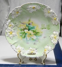 Vtg Hand Painted German Serving Bowl Scalloped Edge & Raised Floral Pattern 10"