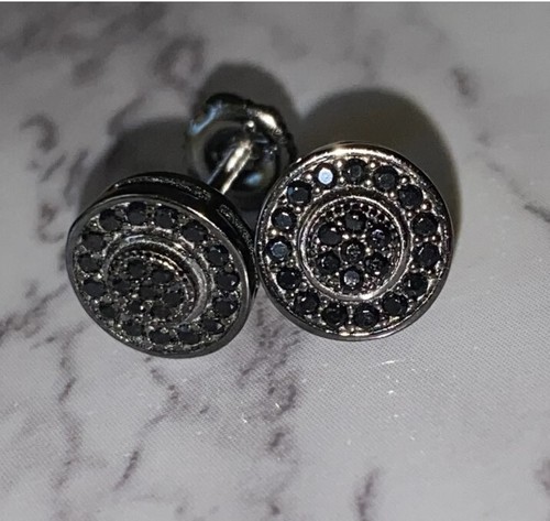 Studded Black Genuine Moissanite Men's Earring 14k Black Rhodium Plated Silver - Picture 5 of 6