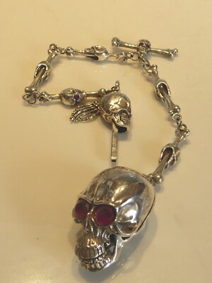 HEAVY SOLID SILVER SKULL BOX AND WATCH CHAIN SKULL KEY