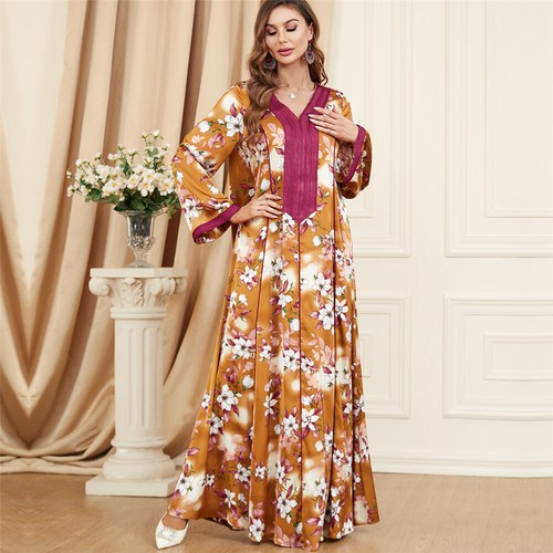 Muslim Floral Kaftan Islamic Women Maxi Dress Ramadan Dubai Caftan Moroccan Gown - Picture 21 of 216