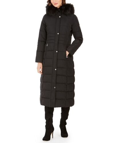 Calvin Klein Womens Hooded Faux-Fur-Trim Maxi Puffer Coat XXS Black / Black - Picture 1 of 3