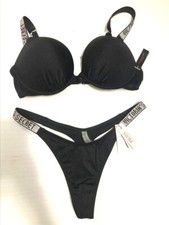 Victorias Secret Shine Strap Bombshell Push Up 2 Piece Bikini Swim Set Black NWT