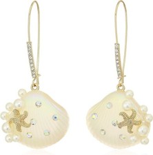 NEW BETSEY JOHNSON GOLD TONE STAR FISH PRISM CRYSTALS SEA SHELL,PEARL EARRINGS