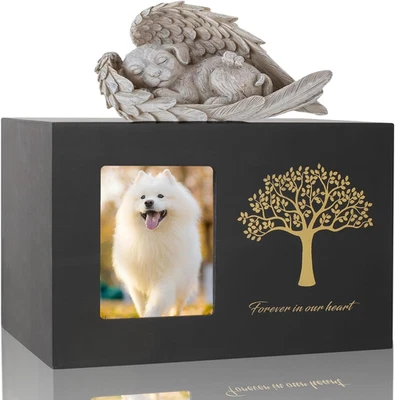 Tierurne Hund Katze Holz Urne mit Fotorahmen und Engel für Asche Haustiergedenks - Bild 1 von 4