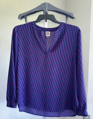 Anne Klein Women s Size L Blue Pink Black Chiffon Striped V-Neck 3/4 Blouse
