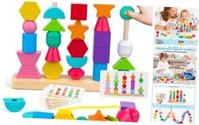 Montessori Wooden Beads Sequencing Toy Set - Stacking Blocks  Lacing Beads