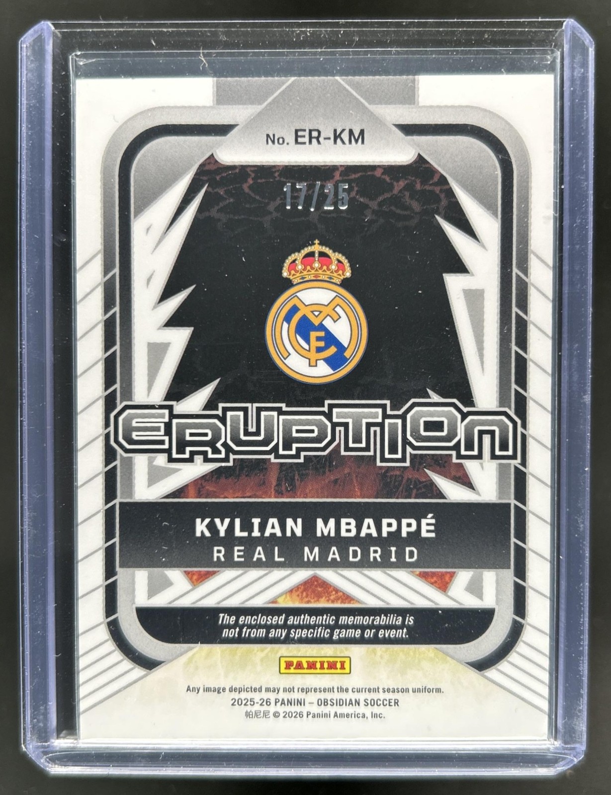2025-26 Panini Obsidian Kylian Mbappe Eruption Patch Electric Etch Taiga #/25 view 2