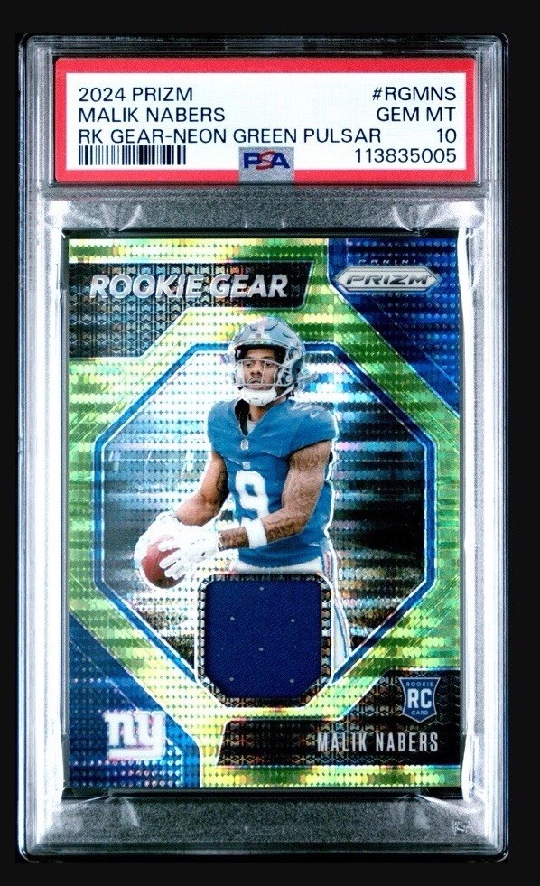 Malik Nabers 2024 Prizm Football Rookie Gear Green Pulsar Prizm Patch PSA 10
