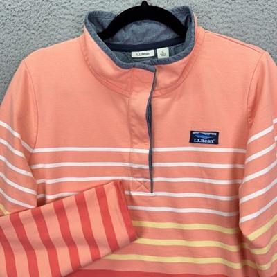 LL Bean Top Womens L Orange White Striped Cotton Rugby Pullover Henley Outdoor