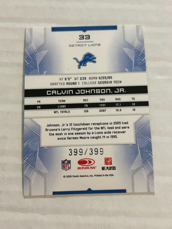 2009 PANINI LIMITED CALVIN JOHNSON JR 399/399 FOIL LIONS SP  - Image 2 of 2