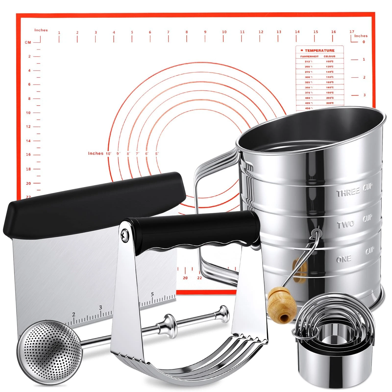 10 Pcs Stainless Steel Pastry Biscuit Cutter Set Include 3 Cup Flour Sifter B...