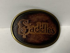 Vintage “Saddles” Brass & Leather Belt Buckle, 3.5” X 2.5”, Made In USA