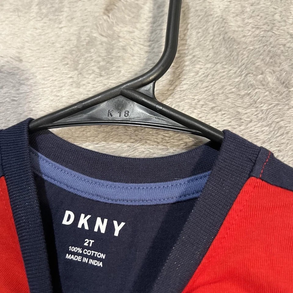 DKNY Shirt Toddler Boys 2T Red Blue Colorblock Graphic Logo Cotton Tee Crewneck - Image 3 of 4