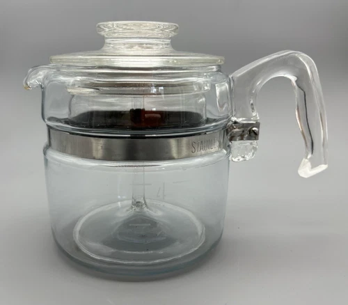 Vintage Pyrex clear glass coffee pot percolator 2 to 4 cup capacity w/ filter