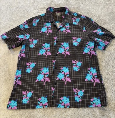 Ksubi Low Res Resort Shirt Black Grid Pixel Floral Short Sleeve Mens Size Large
