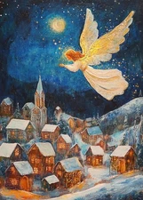Print ACEO Art Card Christmas Tree Angel Fly Sky Village Winter Limited Edition
