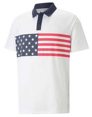 New Puma Golf Volition Stars & Bars Polo Bright White-Navy Blazer 2Xl