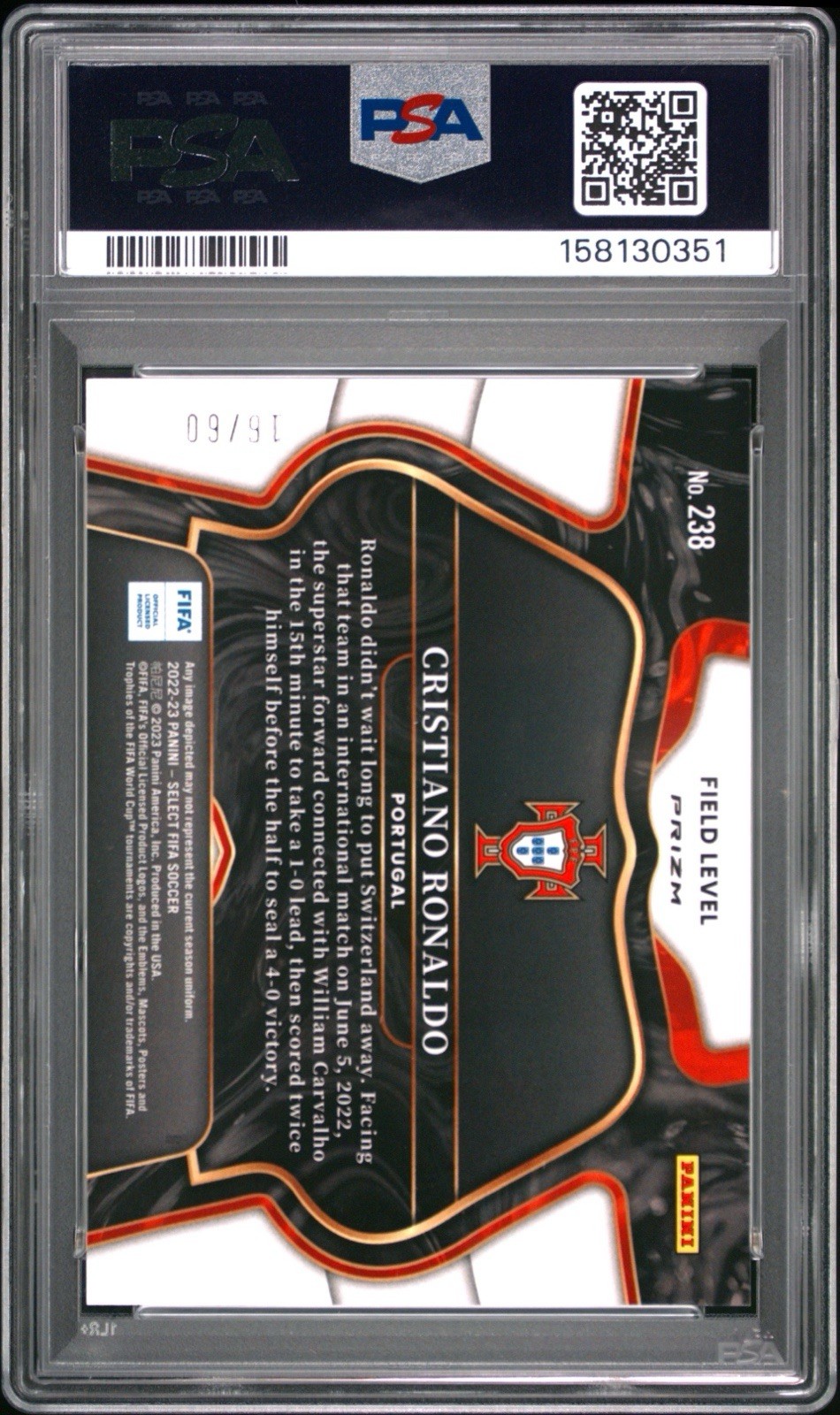 2022-23 Select FIFA Cristiano Ronaldo Orange Prizm /60 PSA 9 Portugal #238 view 2