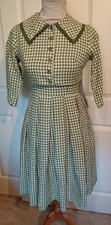 Vintage 50s 60s Olive Green White Checked Dress Matching Jacket B34 Size 9